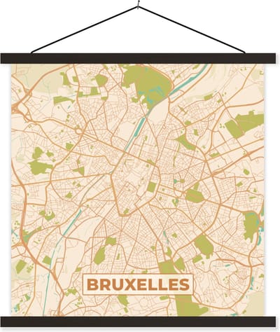 Posterhanger incl. Poster 60x60 cm - Schoolplaat - Kaart - Brussel - Brussel - Plattegrond - Stadskaart - Textielposter - Zwarte latten - Stadskaart