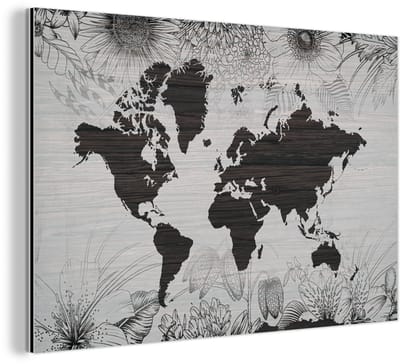 Aluminium schilderij 150x100 cm - Wanddecoratie metaal - Wereldkaart - Planten - Bloemen - Metalen muurdecoratie woonkamer - Decoratie industrieel - Foto op dibond - Industriële accessoires slaapkamer