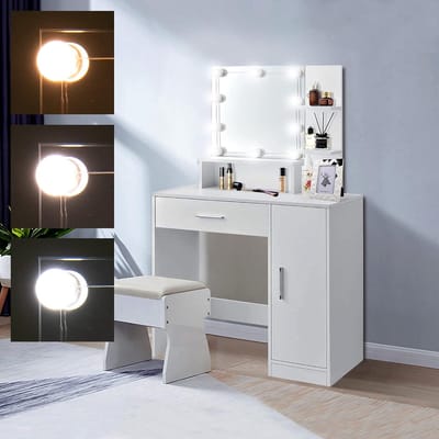 Witte Kaptafel met LED Verlichting en Spiegel - Make-up Tafel met 1 Lade en 3 Compartimenten voor Dames en Meisjes