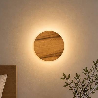 Elobra LED wandlamp Havana S, eikenhout met knoesten/metaal, Ø 19 cm, IP44