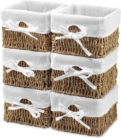 Set van 6 zeegras geweven opbergmanden, gevlochten vierkante handgeweven organizer-opbergdozen met inzetstuk voor babykamer, kinderspeelgoed, thuis, 14 x 14 x 10 cm