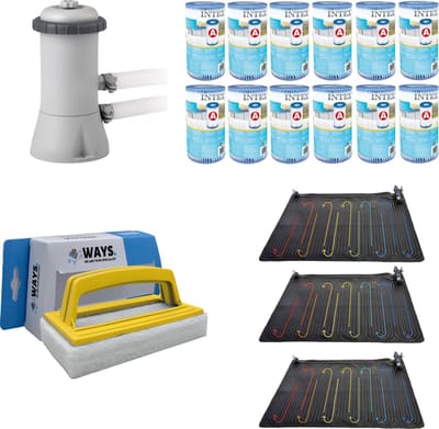 WAYS - Zwembad Onderhoud - 3x Zwembad verwarming & Filterpomp 2271 L/u & 12 Filters Type A & WAYS Scrubborstel