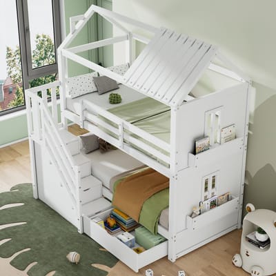 Sweiko Stapelbed - 90x200cm - Opbergtrap - Laden - Dennenhout - Zonder matras - Wit