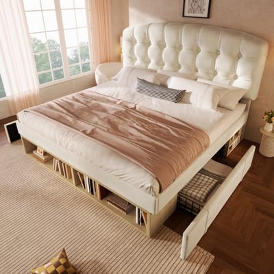 140x190cm gestoffeerd bed - met verstelbare hoogte gebogen hoofdeinde - met lade en opbergruimte - zonder matras - beige
