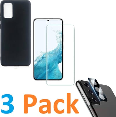 Soft TPU Siliconen Hoesje Back Cover zwart + Tempered Glass Screen Protector  + Camera lens Beschermer zwart Geschikt voor :Samsung Galaxy S22
