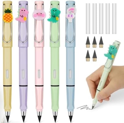 PromoHome Inktloze Eeuwigdurende Potloden Set - 5 Stuks Met Vervangbare Puntjes en Gum - Draagbaar Grafiet Potlood voor Studenten, Kunstenaars, Schrijven en Tekenen - Cartoon Ontwerp