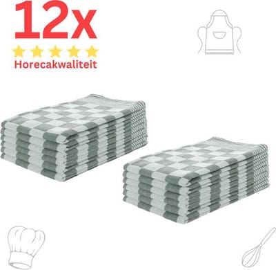 Theedoeken - Horeca Kwaliteit - Katoenenen Theedoeken set - 12 x - Groen Wit - Ophang Lus