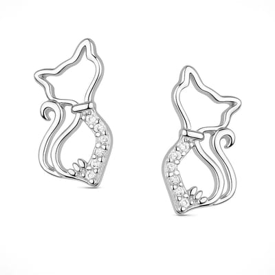 Zilver Kat Oorbellen - Zilver Oorstekers Kat met Zirkonia - Silver Cat Earrings - Amona Jewelry
