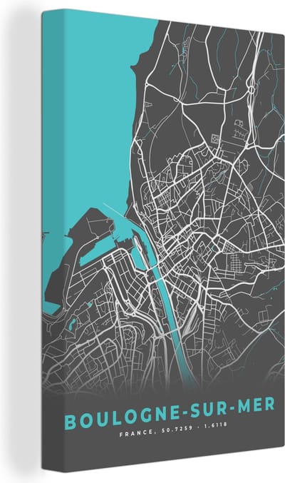 Canvas Schilderij Frankrijk - Boulogne-sur-Mer - Stadskaart - Kaart - Plattegrond - 20x30 cm - Wanddecoratie