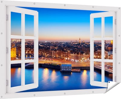 Gards Tuinposter Doorkijk Amsterdam Centrum in de Nacht - 180x120 cm - Tuindoek - Tuindecoratie - Wanddecoratie buiten - Tuinschilderij