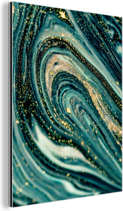 Wanddecoratie Metaal - Aluminium Schilderij Industrieel - Marmerlook - Luxe - Goud - Turquoise - Glitter - 60x80 cm - Dibond - Foto op aluminium - Industriële muurdecoratie - Voor de woonkamer/slaapkamer