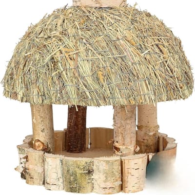 Famanu – Hangend vogelvoederhuisje van hout - diameter 28 cm - natuurlijke kleur - traditioneel ontwerp met rieten dak - weerbestendig en geschikt voor buitengebruik - ideaal voor tuin - terras of balkon - decoratief en functioneel