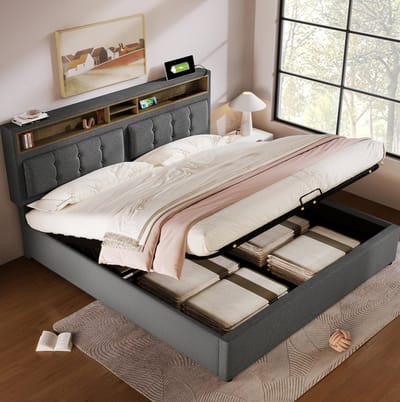 MEUNIQ tweepersoons opbergbed 140x200 met verstelbaar hoofdbord, USB-C, USB en stopcontacten, lattenbodem en opbergruimte in de slaapkamer, grijs