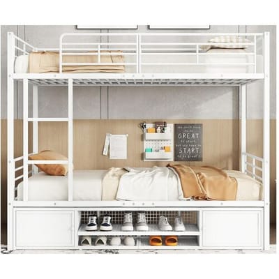 ModernLuxe IJzeren stapelbed 90x200cm - met schoenenkast en ladder - Wit