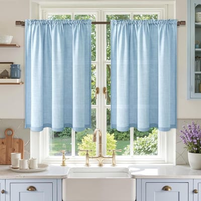 Vitrage Gordijnen - Linnenlook Raambekleding - Keuken Decoratie - Semi-transparant - 2x 60x120 cm - Blauw