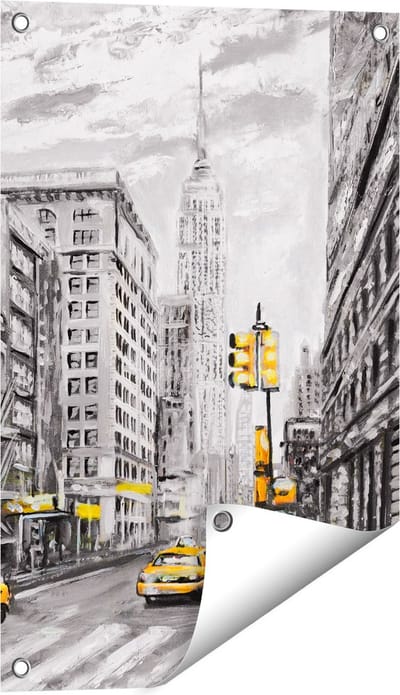 Gards Tuinposter Geschilderde New York Tekening - Zwart Wit - 40x60 cm - Tuindoek - Tuindecoratie - Wanddecoratie buiten - Tuinschilderij