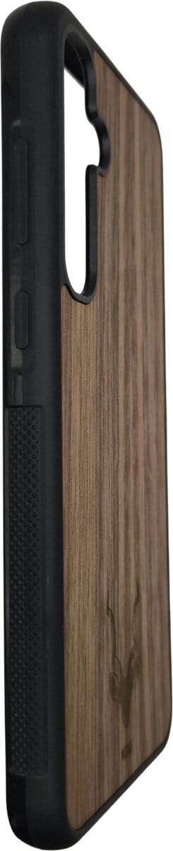 Kudu Samsung Galaxy A15 hoesje case - Houten backcover - Handgemaakt en afgewerkt met duurzaam TPU - Walnoot - Zwart