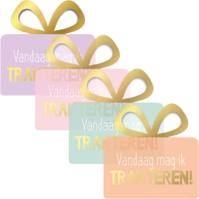 12 Cadeaustickers: Vandaag mag ik trakteren- Traktatiesticker in de vom van een cadeautje - 50 mm - Cadeauversiering- Sluitzegel- Traktatiesticker- Wensetiket- 4 varianten