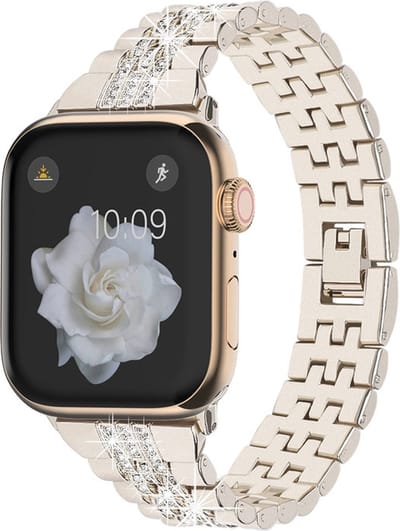 Stalen bandje - RVS - met glittersteentjes - geschikt voor Apple Watch series 1/2/3/4/5/6/7/8/9/10/11/ SE (1,2,3) / Ultra (1,2,3) met maat 44 mm / 45 mm / 46 mm / 49 mm - sterrenlicht