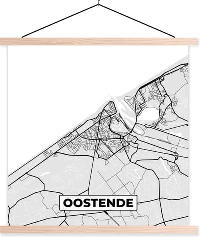 Posterhanger incl. Poster 40x40 cm - Schoolplaat - Kaart – Plattegrond – Stadskaart – Oostende – België – Zwart Wit - Textielposter - Blanke latten - Stadskaart