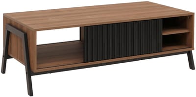 Salontafel MCW-O40, woonkamertafel, opbergvakken, schuifdeur, MDF, metaal, melamine, 42x120x60 cm ~ naturel