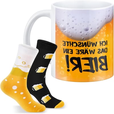 Luxe Bier Cadeau Set voor Mannen met Porseleinen Mok, Grappige Sokken en Bierpatroon - Perfect voor Verjaardag, Vaderdag en Bierliefhebbers