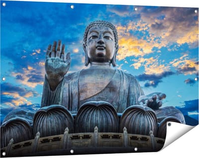 Gards Tuinposter Boeddha Beeld bij een Tempel - 120x80 cm - Tuindoek - Tuindecoratie - Wanddecoratie buiten - Tuinschilderij