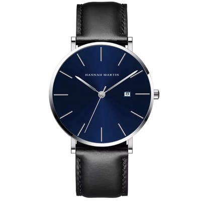 Hannah Martin Heren Horloge Zwart&Blauw | Blauw Plaat | Zwart Lederen Polsband | Heren Horloges | Horloges |