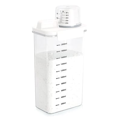 Ynkkvre-Wasmiddel Capsules met Doseerbeker – Luchtdichte Waspoeder Dispenser – PET Transparante Opbergdoos 2300 ml – Geschikt voor Waspoeder en Wasparfum