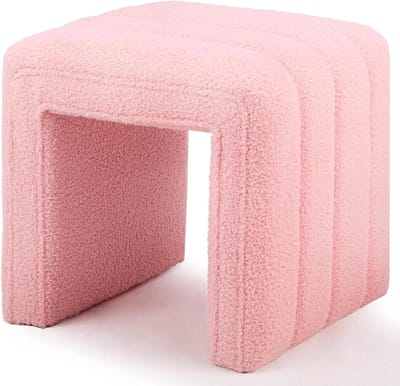 Vanity Kruk - Ottomaanse Voetsteun - Make-up Kamer - U-vormig Teddy Fluwelen Ontwerp - 41.9 x 37.1 cm - Roze