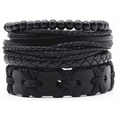 Leren armbanden set met houten kralen zwart