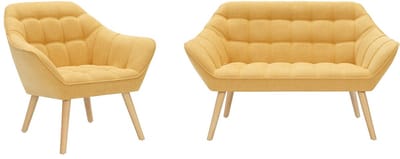 Vente-unique Tweezitsslaapbank en fauteuil van mosterdgele stof CASERTA