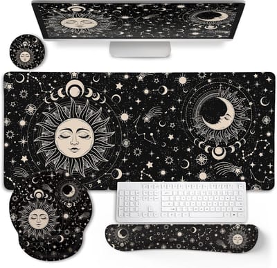 Muismat Set - Bureauonderlegger Pad - Thuiswerken Gaming - Met Polssteun - XXL 90x40cm - Zon Maan