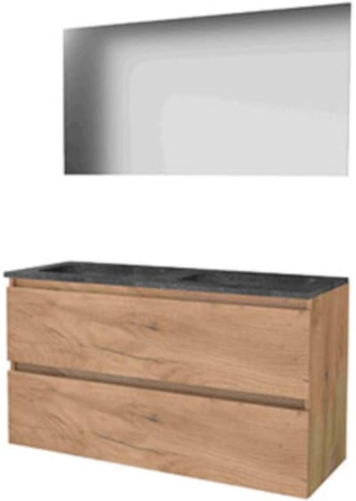 Basic-Line Ultimate 46 Badkamermeubelset - 120 x 46 cm - Greeploos - 2 Lades - Hardstenen Wastafel - 2 Kraangaten - Spiegel met Indirecte LED Verlichting - Whisky Oak