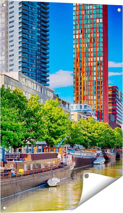 Gards Tuinposter Rotterdamse Gracht met Boten - 60x90 cm - Tuindoek - Tuindecoratie - Wanddecoratie buiten - Tuinschilderij
