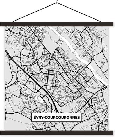 Posterhanger incl. Poster 60x60 cm - Schoolplaat - Stadskaart - Frankrijk - Kaart - Évry-Courcouronnes - Plattegrond - Textielposter - Zwarte latten - Stadskaart