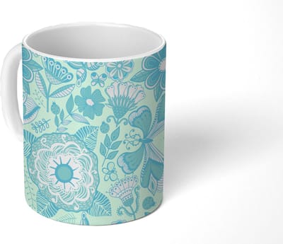 Mok - Koffiemok - Bloemen - Blauw - Wit - Patroon - Mokken - 350 ML - Beker - Koffiemokken - Theemok