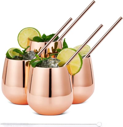 4 Roestvrijstalen Roségouden Wijnglazen zonder Steel, 4 Metalen Rietjes & Schoonmaakborstel, 350 ml - Dubbelwandig, Stevig & Onbreekbaar - Geschenkset voor Kerst