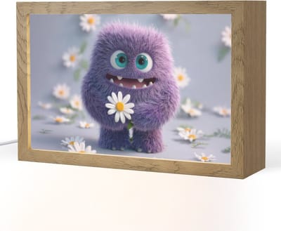 Nachtlampje 30x20 cm - Kinder lampje - Monster - Paars - Madeliefjes - Tafellamp kinderkamer - Slaapkamer lamp - Bedlamp kinderen - Kinderlampje stopcontact - Wandlamp babykamer - Nachtlampjes