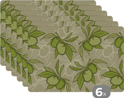 Placemat - Placemats kunststof - Olijf - Bladeren - Vegan - Design - Vintage - 45x30 cm - 6 stuks - Hittebestendig - Anti-Slip - Onderlegger - Afneembaar