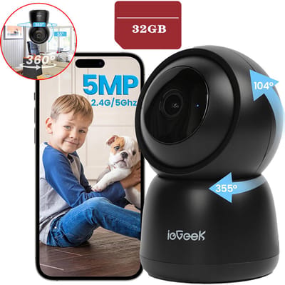 ieGeek SC1 Pro Beveiligingscamera binnen - 5MP Ultra HD - Huisdiercamera met app - Beveiligingscamera's - Wifi Camera APP - Volgt beweging en geluidsdetectie - Bewakingscamera - 2.4/5 GHz - Zwart - 32GB-KAART