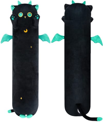 Lichaamskussen, knuffeldier, pluche, kat met grote ogen, gevuld, speelgoed, voor kinderen vanaf 3 jaar, zwart, 90 cm