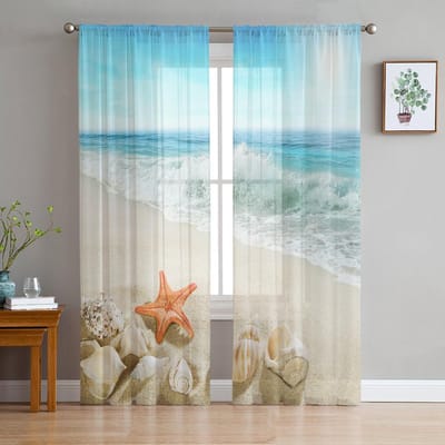 Strand Zeester Schelpen Transparante Gordijnen voor Woonkamer Decoratie Raamgordijnen voor Keuken Tule Voile Organza Gordijnen W135 x H115cm x1 white