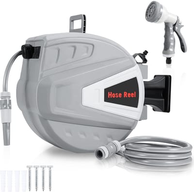 Wandslangenbox 30 meter + 2 meter Slanghaspel - Automatische Tuinslanghaspel - Tuinslang met haspel - 9 Sproei standen - Slangenhouder 180° Draaibaar Voor Tuin & Terras