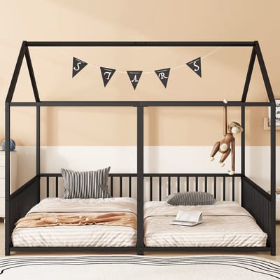 STILVORA Kinderbedden 90x200 cm - Kinderbed Met Lattenbodem En Veiligheidsbeugel - Modern Huismodel - Metaal - Wit