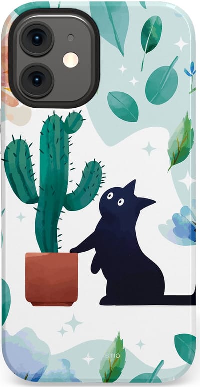 Casetastic hoesje geschikt voor Apple iPhone 12 Mini - Dubbellaagse bescherming - Cactuskat - Fashion Case - Lichtgrijs Turquoise Wit Mintgroen