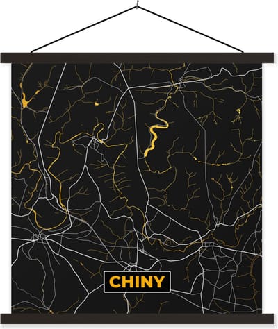 Posterhanger incl. Poster 60x60 cm - Schoolplaat - goud - Plattegrond - Chiny - Stadskaart - Kaart - Textielposter - Zwarte latten - Stadskaart
