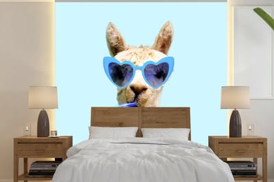 Dieren behang - Fotobehang - Lama - Zonnebril - Blauw - Dier - 240x240 cm - Fotobehang dieren - Foto behang