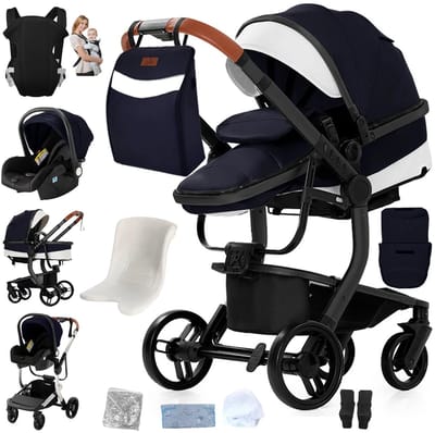 Luxe Kinderwagen - Buggy - Donkerblauw/Zwart - Opvouwbaar - Kinderwagens - Kinderwagen 3 in 1 - Pu-Lederen Bekleding - Met Wieg/Opzetstuk - Multifunctioneel - All Terrain