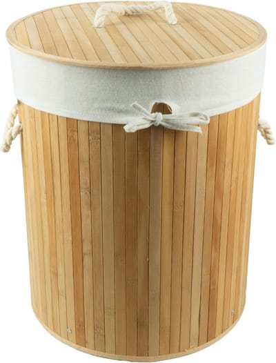 Ronde Wasmand met Deksel en Uitneembare Zak - Beige Bamboe Wasbox